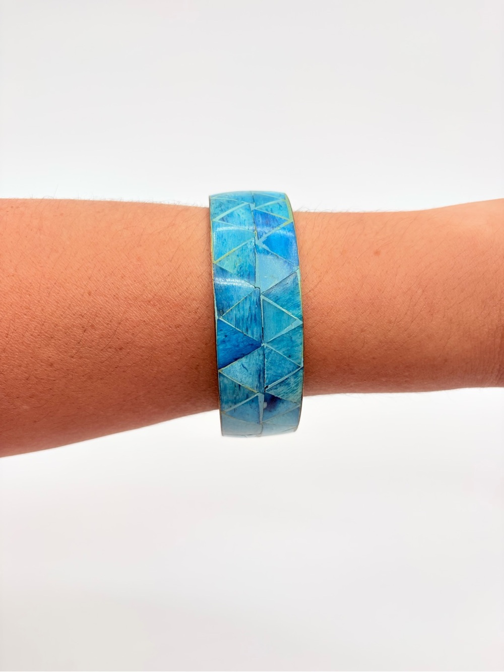 Vintage Blue Mosaic Inlay Bangle Bracelet Geometric Brass Tone